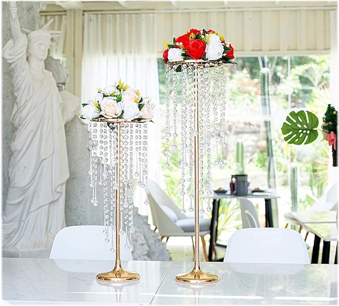 21.6in Gold Wedding Centerpieces for Table, 2Pcs Tall Vases Wedding Centerpieces with Sparkling Crystal Beads, Metal Flower Stand for Wedding Reception Party Events Home Decor