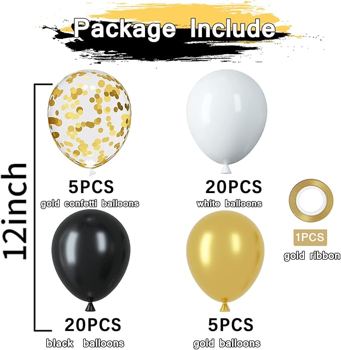 Black White Gold Latex Balloons, 50pcs 12 Inches Black White Gold Confetti Party Balloons with 1 Ribbon for Birthday, Graduation, Anniversary,Wedding, New Year Party Decorations