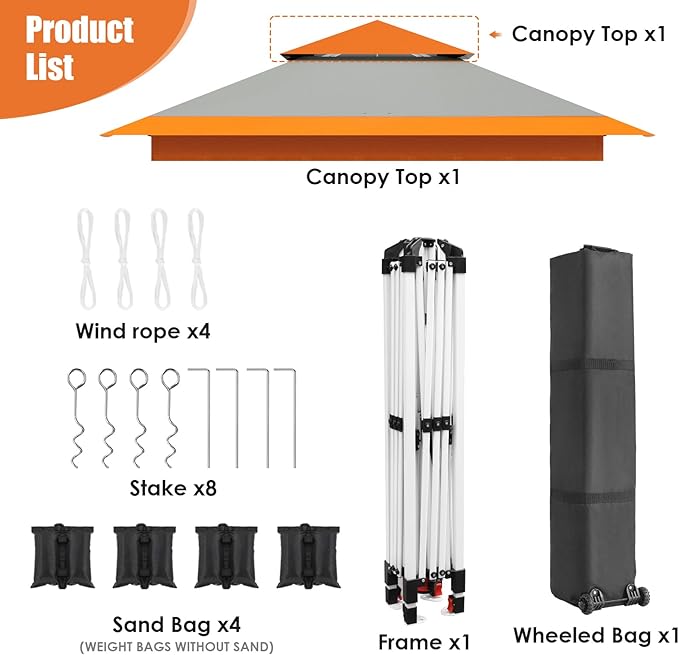 Arlopu Pop Up Canopy Tent with 1-Person Set up, Camping Instant Durable Shelter, Outdoor Gazebo Beach Shade with Wheeled Bag, 4 Sand Bags for Weight (Orange, 13FTX13FT)