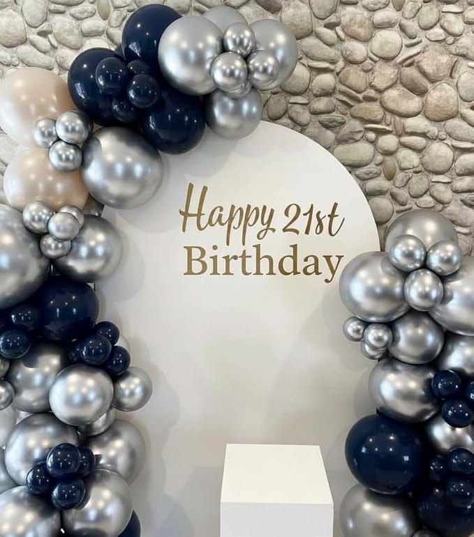 Navy Blue Silver White Balloon Arch Kit, Double Stuffed Pearl Sand White Royal Dark Blue Chrome Silver Confetti Balloons Garland Kit for Birthday Graduation 2026 New Years Party Decoration