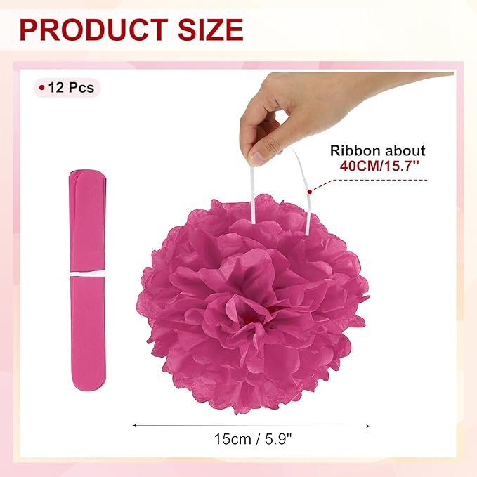 PATIKIL 6inch Tissue Paper Pom Poms, 12PCS Pom Poms Paper Flowers Ball Tissue Paper Flowers for Wedding Bridal Shower Birthday Bachelorette Party Backdrop Decoration, Rose Red