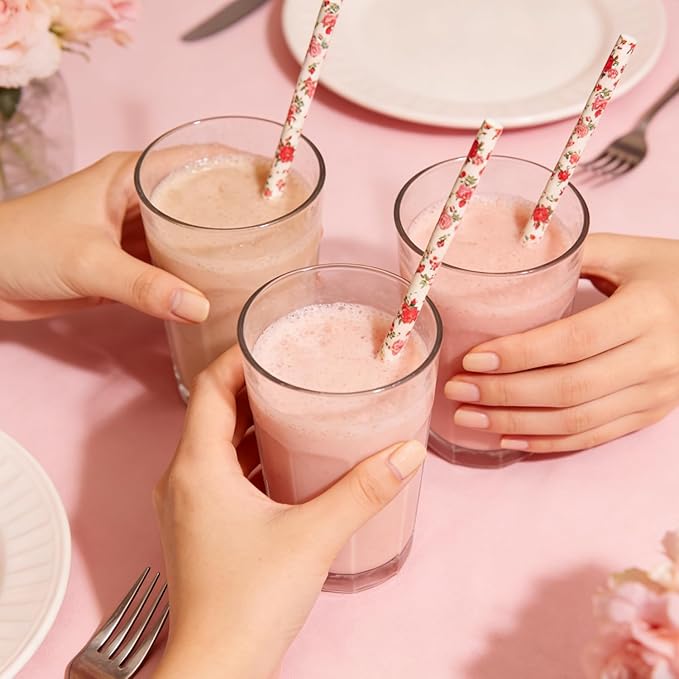 100 Pcs Light Pink With Red Rose Flower Paper Straws, Vintage Green Leaf Floral Drinking Straws, Retro Garden Tea Party Wedding Valentine Spring Celebrations Events Cake Pop Sticks (Flower H001)