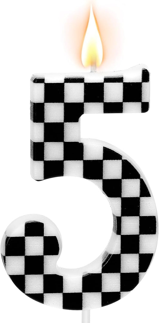 Racing Car Themed Birthday Candles, Number 5 Checkered Candles, Black & White Checkered Cake Decoration, Car Cake Topper for Party Decoration Theme Party Supplies