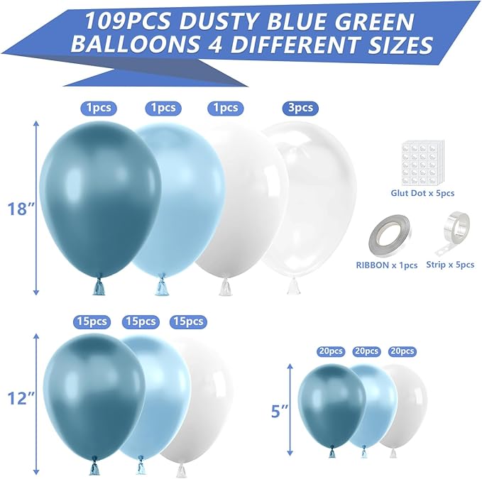 YAOWKY Dusty Blue and White Balloons Garland Arch Kit,111pcs 18 12 5 Inch White Blue and Bobo Latex Balloons for Baby Shower, Graduation, Wedding, Bridal Shower, Birthday Party Decorations