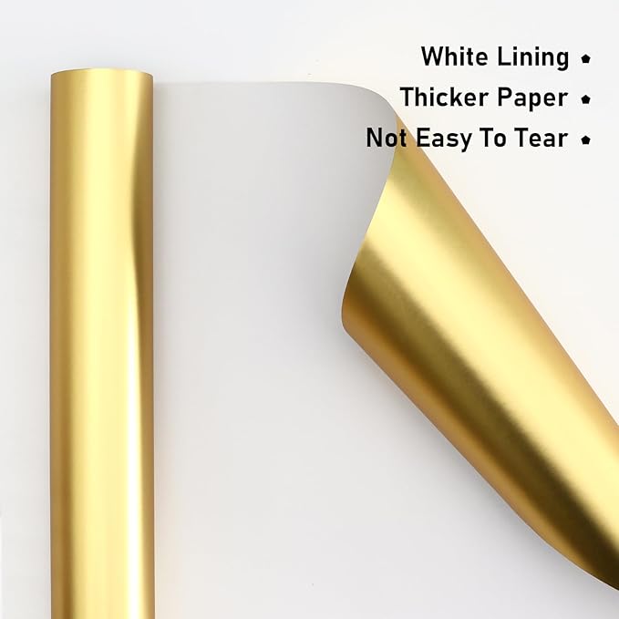 NESCCI Matte Metal Gold Wrapping Paper, Solid Color Paper,Gift Wrapping Paper,Perfect for Wedding,Valentine's Day,Birthday, Christmas,Baby Shower,DIY Bouquet (17 Inches X 32.8 Feet)