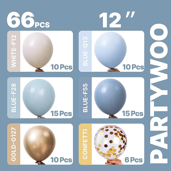 PartyWoo Dusty Blue Balloons 66pcs 12 Inch Light Baby Slate Blue Off White Sand Metallic Gold Boho Confetti Balloons for Graduation Boy Baby Shower Gender Reveal Birthday Wedding Party Decorations