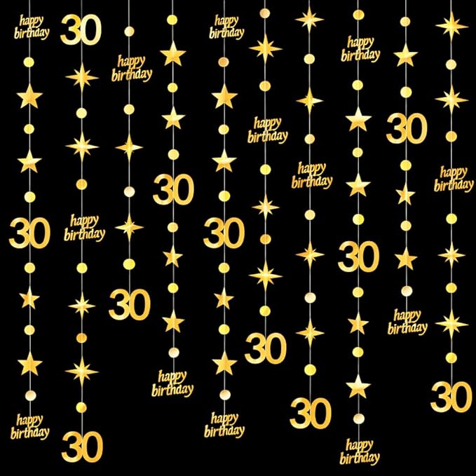 GCQQ Gold 30th Birthday Decoration -4 Packs Gold Happy Birthday Circle Dot Star Garland 46FT Metallic Hanging Streamer Banner Decorations for Her 30 Dirty Thirty BirthdayTheme Party Decor, Pre-Strung