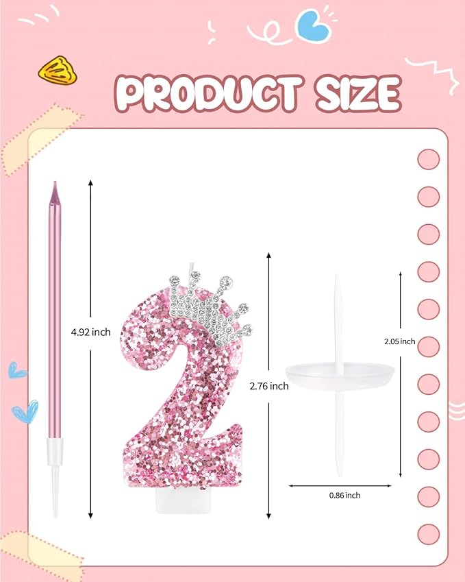 Birthday Candles for Cake, Pink Number Candles, Cake Candles with Greeting Card for Birthday Party Wedding Anniversary Celebrations (2 Candle, Silver Crown)