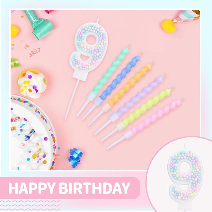 Number 9 Birthday Candles for Cake with 20 Pieces Spiral Candles with Macaron Pastel Rainbow Pink Cake Toppers for Girls Happy Birthday Party Decorations