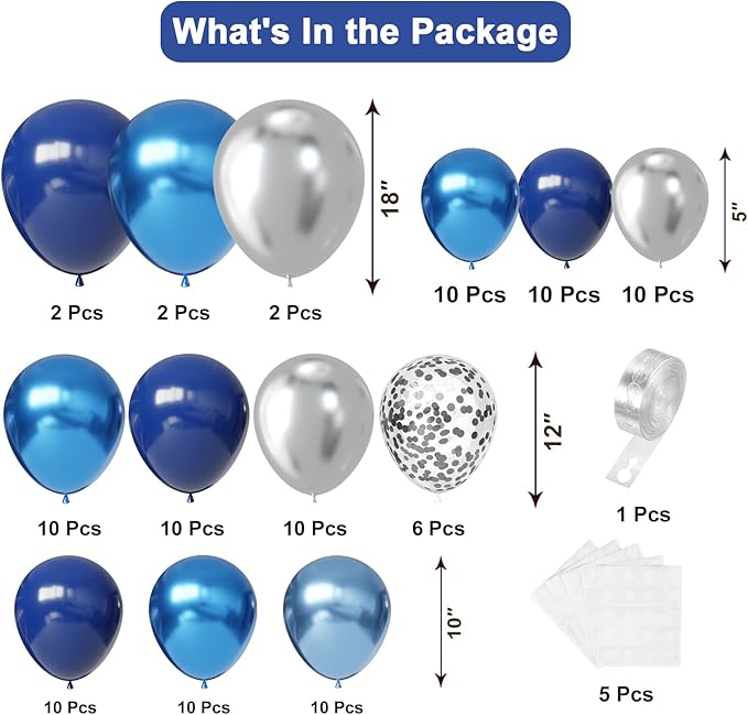 Blue Balloon Arch Kit, 102pcs Navy Blue Silver Blue Metallic Blue Difference Sizes Latex Balloons with 16ft Tape Strip & Dot Glue for Baby Shower, Birthday, Graduation Decoration