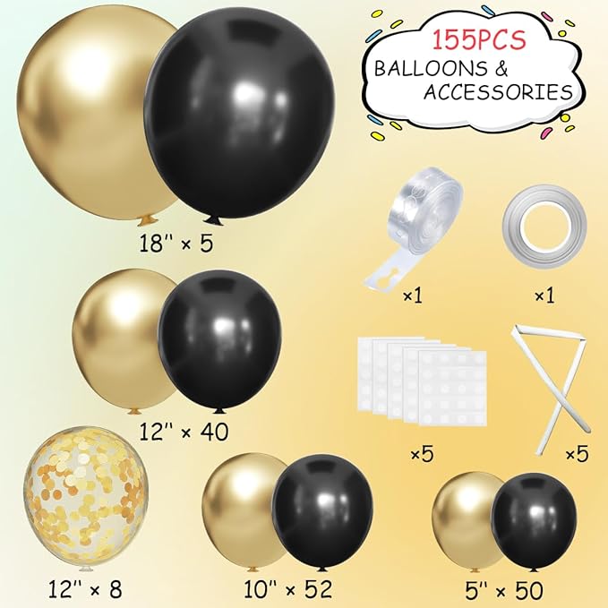 MEBAY 155Pcs Black and Gold Balloon Garland Arch Kit with Gold Confetti Balloons for Graduation New Year Birthday Wedding Party Decorations
