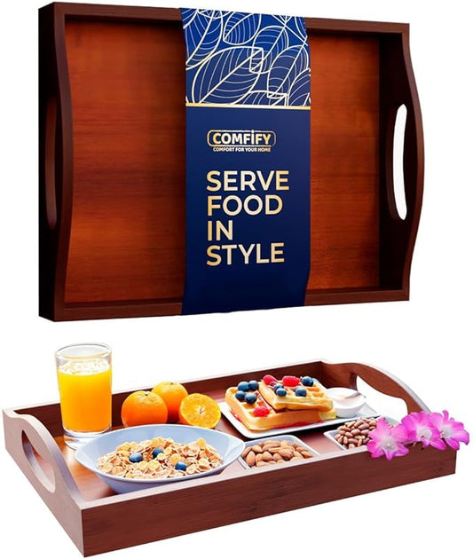 Comfify Bamboo Serving Tray - Stylish Ottoman Tray for Entertainment & Decor - Versatile and Elegant Design - Perfect for Serving, Organizing, and Decorating - Brown Color