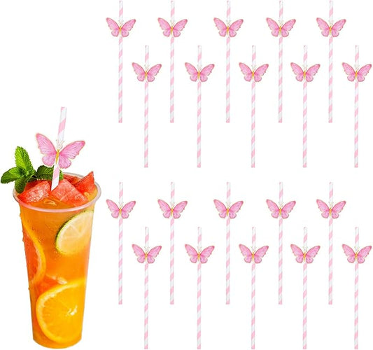 20 Pcs Butterfly Stripe Paper Straws, Pink Stripe Paper Party Straws Butterfly Floral Decor Cute Disposable Drinking Straws Set for Valentine's Day Birthday New Year Party Supplies Wedding