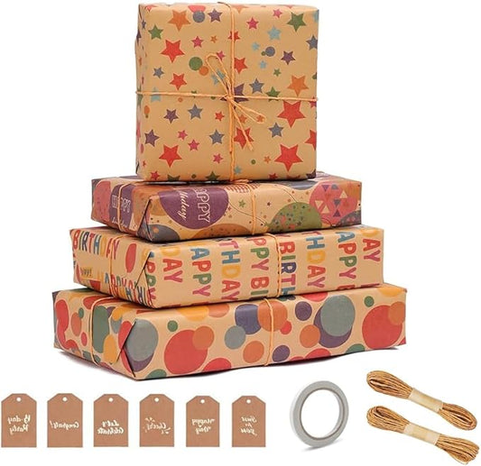 Birthday Wrapping Paper,Gift Wrapping Paper Roll,Kraft Wrapping Paper - 4 Roll 17 X 120 inch Per roll,Colorful Happy Birthday Pattern For Boys Girls Men Women, Perfect For Birthdays Party, Baby Shower
