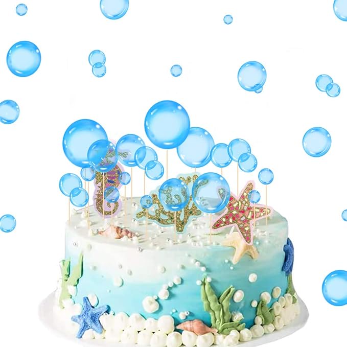 27Pcs Blue Flat Bubble Cupcake Toppers Underwater Party Decor Supplies Bubble Cake Decorations For Under The Sea Mermaid Birthday