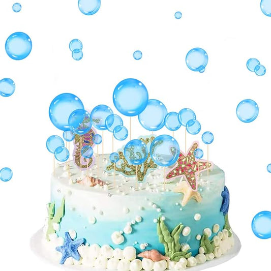 27Pcs Blue Flat Bubble Cupcake Toppers Underwater Party Decor Supplies Bubble Cake Decorations For Under The Sea Mermaid Birthday