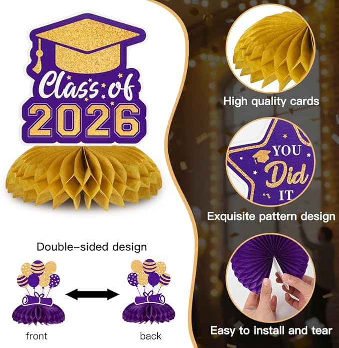 Graduation Decorations Class of 2026 Honeycomb Centerpieces, 9PCS Graduation Centerpieces for Tables, Congrats Grad Table Toppers for Middle High School College Graduation Decorations (Purple Gold)