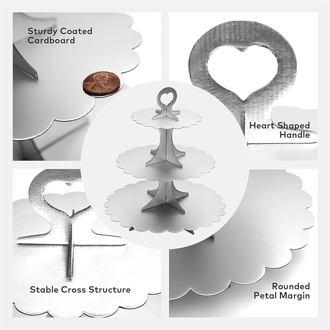 3-Tier Silver Matte Cupcake Stand 2 Pack, Cardboard Dessert Display for Weddings, Parties Events, Easy to Assemble Tiered Cake Stand