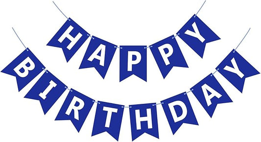 Happy Birthday Banner Sign, Birthday Garland Wall Door Hanging Banners Flag for Women Men Boys Girls Party Backdrop Decorations, Personalized Name Banner White Letters Blue
