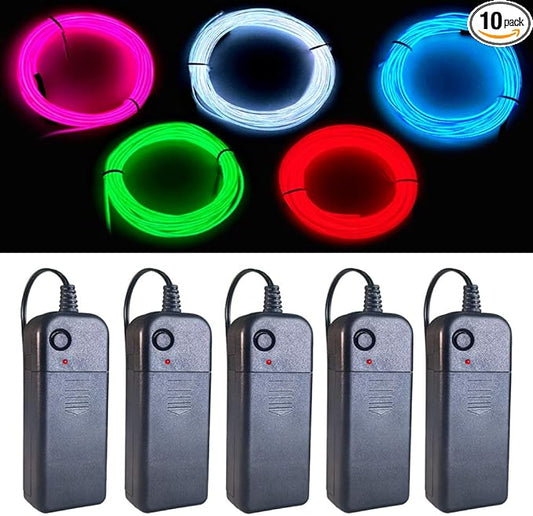 MaxLax EL Wire 5 Pack, 9ft Neon Light Wire Noise Reduction with Battery Pack(Green, Blue, Red, White, Pink)… (9ft)
