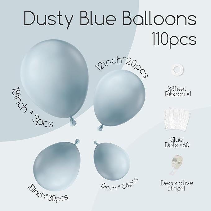 Awenztech 110pcs Dusty Blue Balloons, 18 12 10 5 inch Dusty Blue Balloons Different Sizes Balloon Arch Kit for Bridal Shower Gender Reveal Baby Shower Birthday Party Decorations