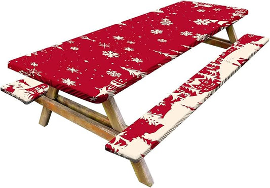 Picnic Table Cover with Bench Covers Set of 3, Elastic Fitted Tablecloth for 6 Foot Tables, Washable Polyester Tablecloths for Camping, Indoor & Outdoor