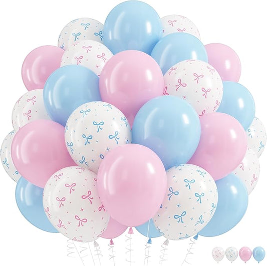 HILAVO Pink and Blue Balloons, 60PCS 12 Inch Pastel Baby Pink and Blue Gender Reveal Balloons Bow Print Balloon for Boy or Girl Gender Reveal Decorations Bear Bow Baby Shower Party Decoration
