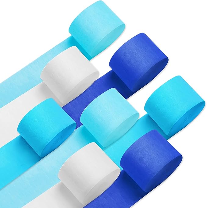 PIGETALE Crepe Paper Streamers 8 Rolls 656ft, Pack of Blue, Pastel Blue, Royal Blue, White Party Streamers, Crepe Paper for Birthday Party Wedding Baby Bridal Shower Decorations (1.8 Inch x 82Ft/Roll)