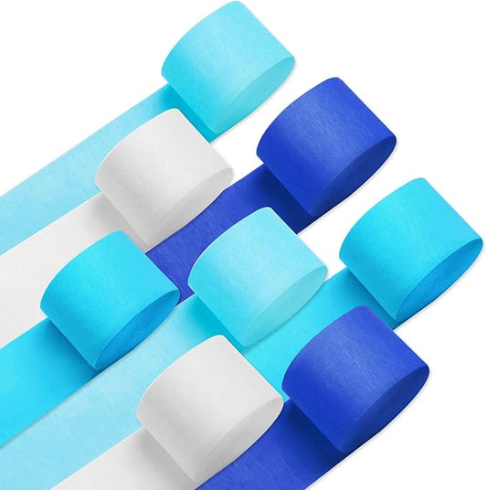 PIGETALE Crepe Paper Streamers 8 Rolls 656ft, Pack of Blue, Pastel Blue, Royal Blue, White Party Streamers, Crepe Paper for Birthday Party Wedding Baby Bridal Shower Decorations (1.8 Inch x 82Ft/Roll)
