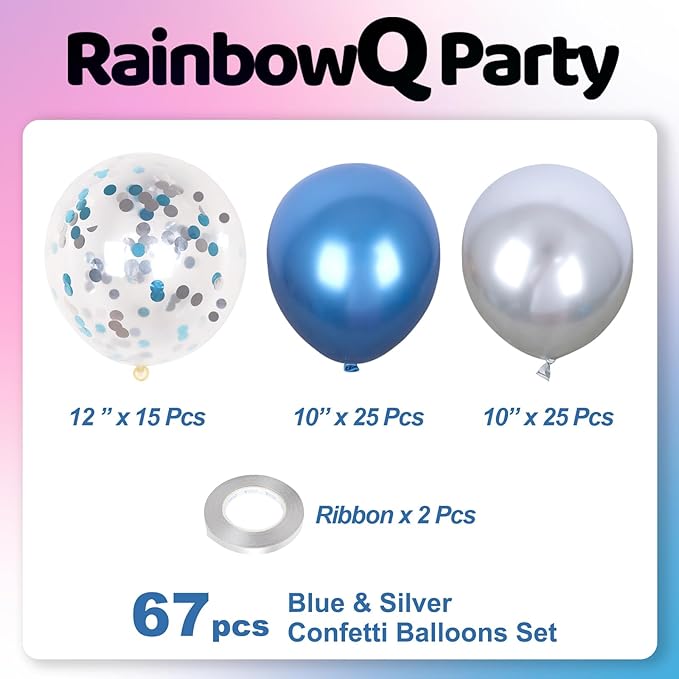 Metallic Shiny Blue and Silver Balloons 12 Inch 67PCS Silver Blue Confetti Balloons Latex Helium Balloon Set for Graduation Wedding Birthday Party Decorations