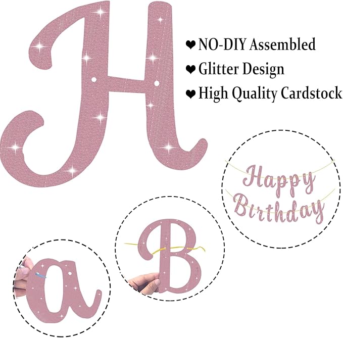 Pre-Strung Glitter Happy Birthday Banner Signs Birthday Garlands Banners Flag for Women Men Party Backdrop Decorations Pink