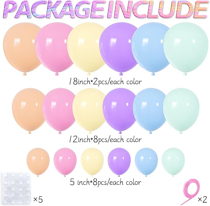 Pastel Rainbow Balloons Arch Garland Kit Different Sizes 18 12 5 Inch Latex Balloon Assorted 114Pcs Pastel Color Party Ballons Arch for Birthday Baby Shower Wedding Anniversary Party Decorations.