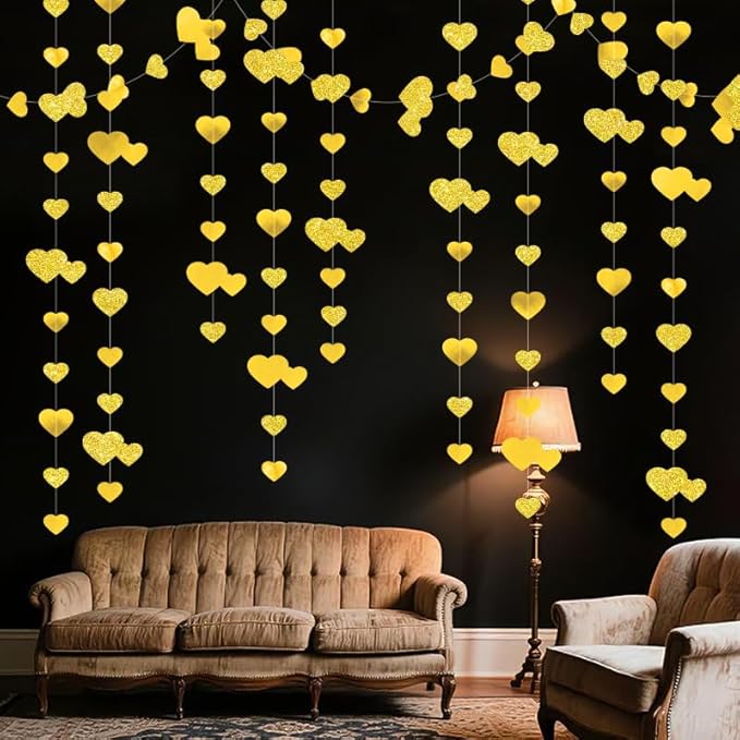 Gold Heart Garland Hanging Sparkling Love Streamer Glitter Bunting Banner Twinkle Heart Backdrop for Wedding Engagement Valentines Galentines Birthday Party Decor 40 Feet
