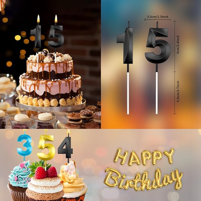 15th Birthday Candles 15 Candles for 15th Birthday Decorations for Boys Happy 15 Birthday Cake Topper Black Birthday Candles Black Number Candles
