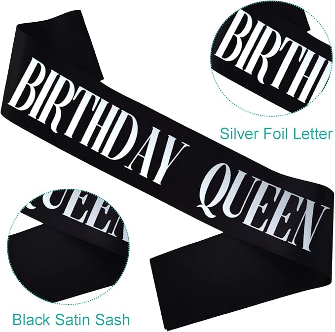 Birthday Queen Sash, Silver Foil Black Birthday Sash for Women 21st 30th 40th 50th 60th 70th Fun Birthday Party Favors Gifts Decorations