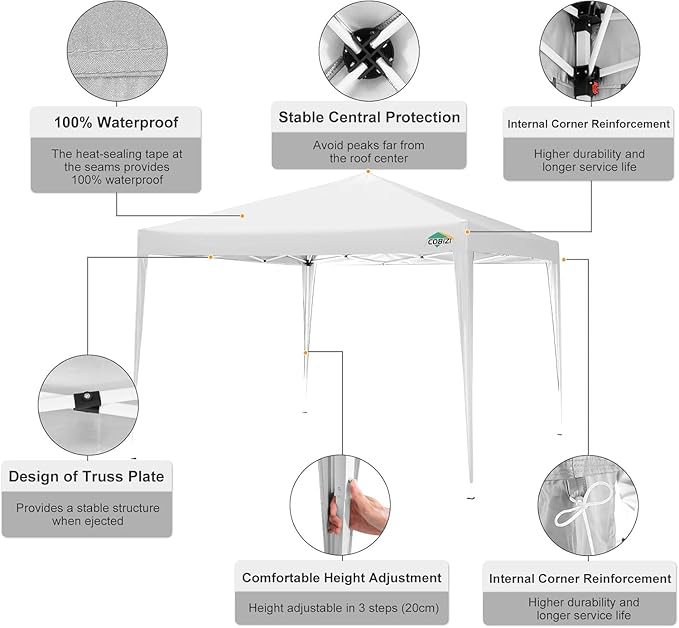COBIZI 10x10 Ez Pop Up Canopy Tent, UPF 50+ Waterproof Outdoor Canopy, Instant Portable Camping Canopies Gazebo for Commercial Sun Shade Party Backyard with 4 Sandbags & Carry Bag(White)