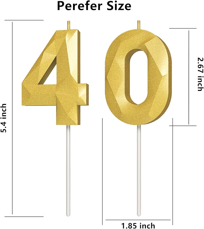 Number Birthday Candles(40 Candle Gold) 3D Diamond Shape Number Happy Birthday Cake Candles for Birthday Party Wedding Decoration Reunions Theme Party