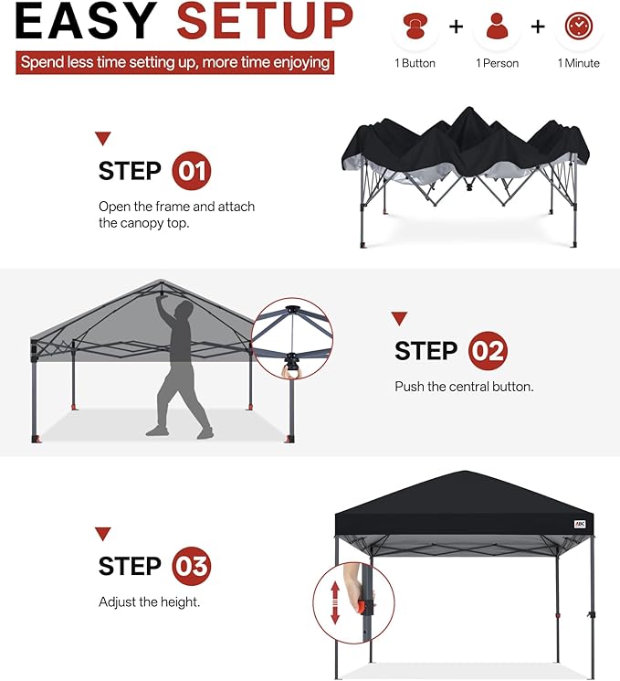 ABCCANOPY 8x8 Pop Up Canopy Tent, Easy Setup Instant Shelter with Wheeled Bag, Heavy Duty Outdoor Canopy for Beach, Market, Backyard, UV Protection, Outdoor Weather Protection (Black, 8x8)