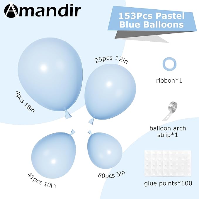 Amandir 153pcs Light Blue Balloons Arch Garland Kit Different Sizes 18 12 10 5 Inch Pastel Baby Blue Latex Balloon for Boys Birthday Baby Shower Wedding Anniversary Gender Reveal Party Decorations