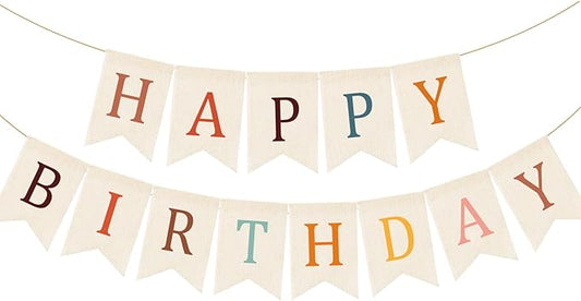 Doumeny Happy Birthday Burlap Banner Boho Birthday Garland Bunting Bohemian Party Hanging Flag White Happy Birthday Bunting Garland Rainbow Party Banner for Women Men Birthday Kid Photo Backdrop