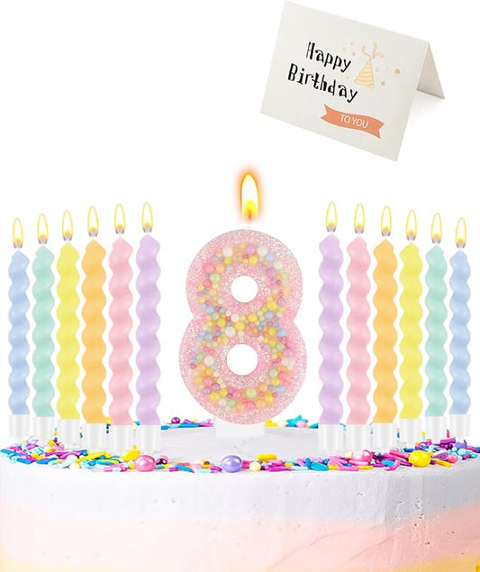 Birthday Candles for Cake, Macaron Number Candles, Cake Candles with Greeting Card for Birthday Party Wedding Anniversary Celebrations (8 Candle)
