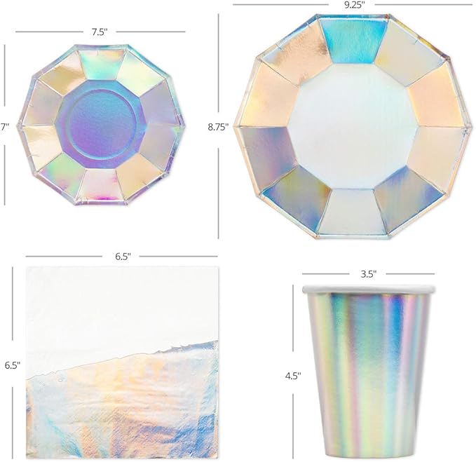 Andaz Press 50 Piece Iridescent Party Plates, Cups and Lunch Napkins Set, Bulk Tableware Set, Iridescent Party Decorations Theme Supplies, Holographic Silver Decorations Tableware Kit