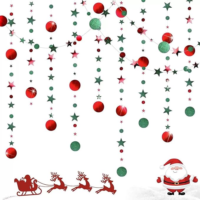 Red and Green Party Decoration Red and Green Star Circle Dot Hanging Garland Streamer Decorations Glitter Star Bunting Banner Twinkle Backdrop for Christmas Engagement Wedding Baby Shower Birthday