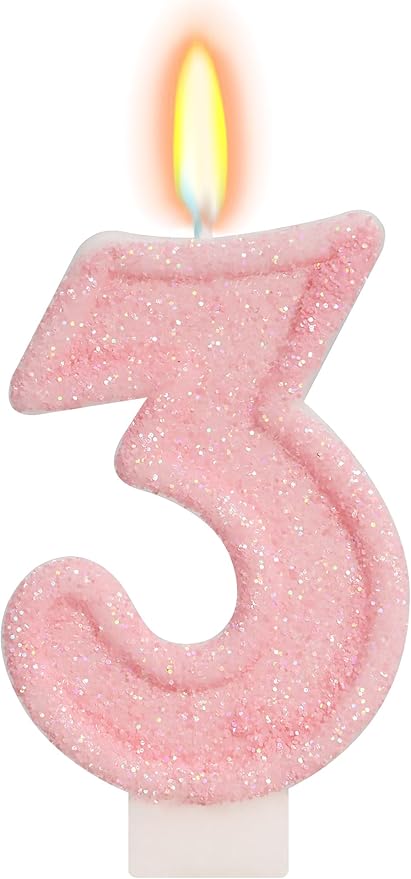 Pink Birthday Candles - Number 3 Candle for 3rd Birthday Decorations for Girls, Sweet Theme Ice Cream Birthday Party Decorations