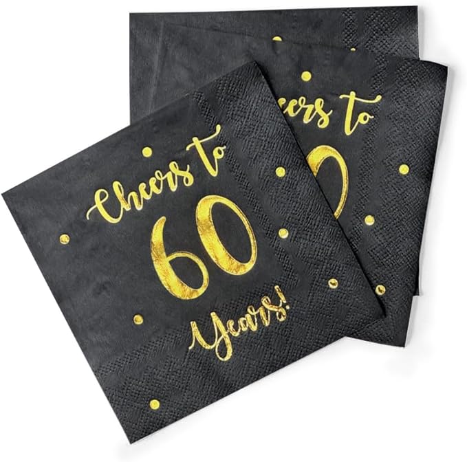 Cheers to 60 Years Cocktail Napkins | Happy 60th Birthday Decorations for Men and Women and Wedding Anniversary Party Decorations | 50-Pack 3-Ply Napkins | 5 x 5 inch folded (Black)