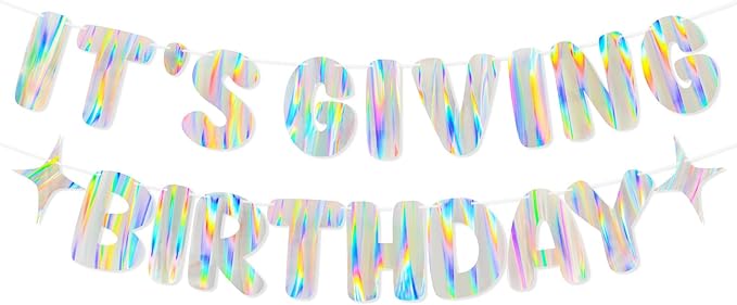 Iridescent It's Giving Birthday Banner, Pre-Strung Fun Birthday Decorations supplies, Cute Party Sign for 21st & Sweet 16 Celebrations & Photobooth Backdrop