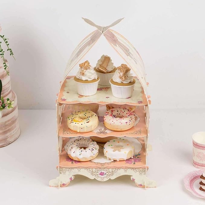 Efavormart 3 Tier White Peach Birdcage Cardboard Cupcake Stand with Floral Print, Cake Display Dessert Holder - 18"