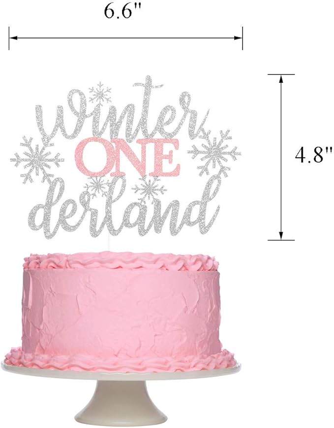 TeePolly Silver and Pink Glitter Winter Onederland 1st Birthday Cake Topper - 1 Pc, 6.6" x 4.8" - Winter, Christmas, Birthday Occasion