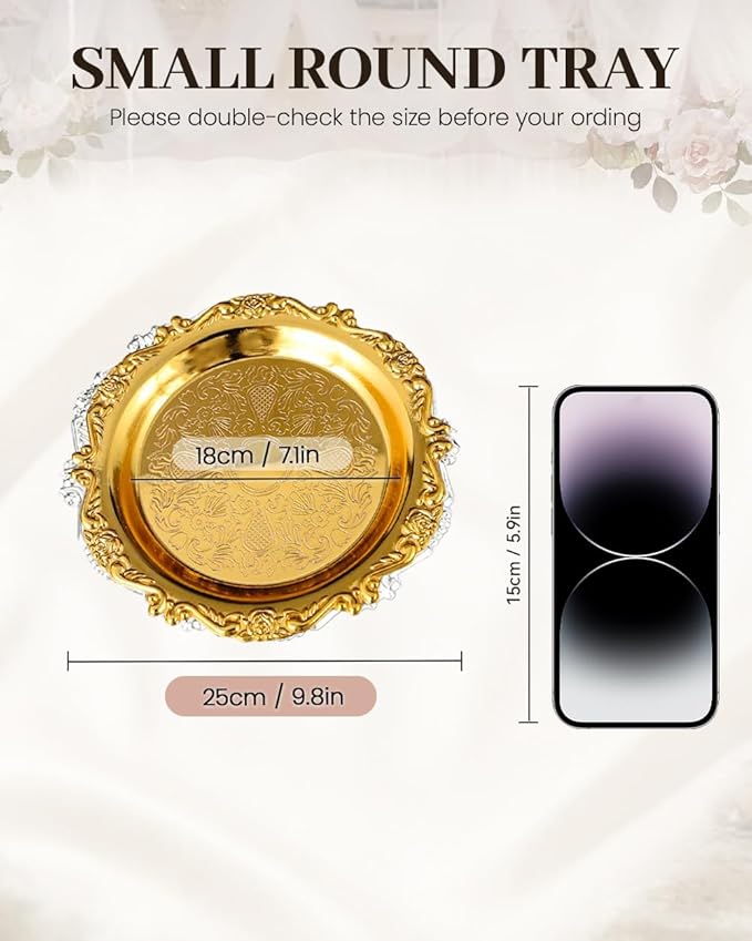 Gold Decorative Tray Set of 2, 10'' Round Vintage Metal Serving Tray, Medium Ornate Coffee Table Centerpiece, Vanity Tray for Perfume, Jewelry, Party Decor