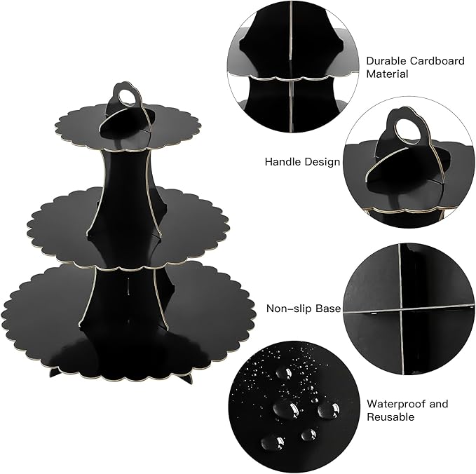 Soleebee 3-Tier Cupcake Stand, Cardboard Cupcake Tower, Dessert Cup Cake Stand Tower for Birthday Wedding Party Decoration, Cupcake Tier Stand 2 Set (Black)